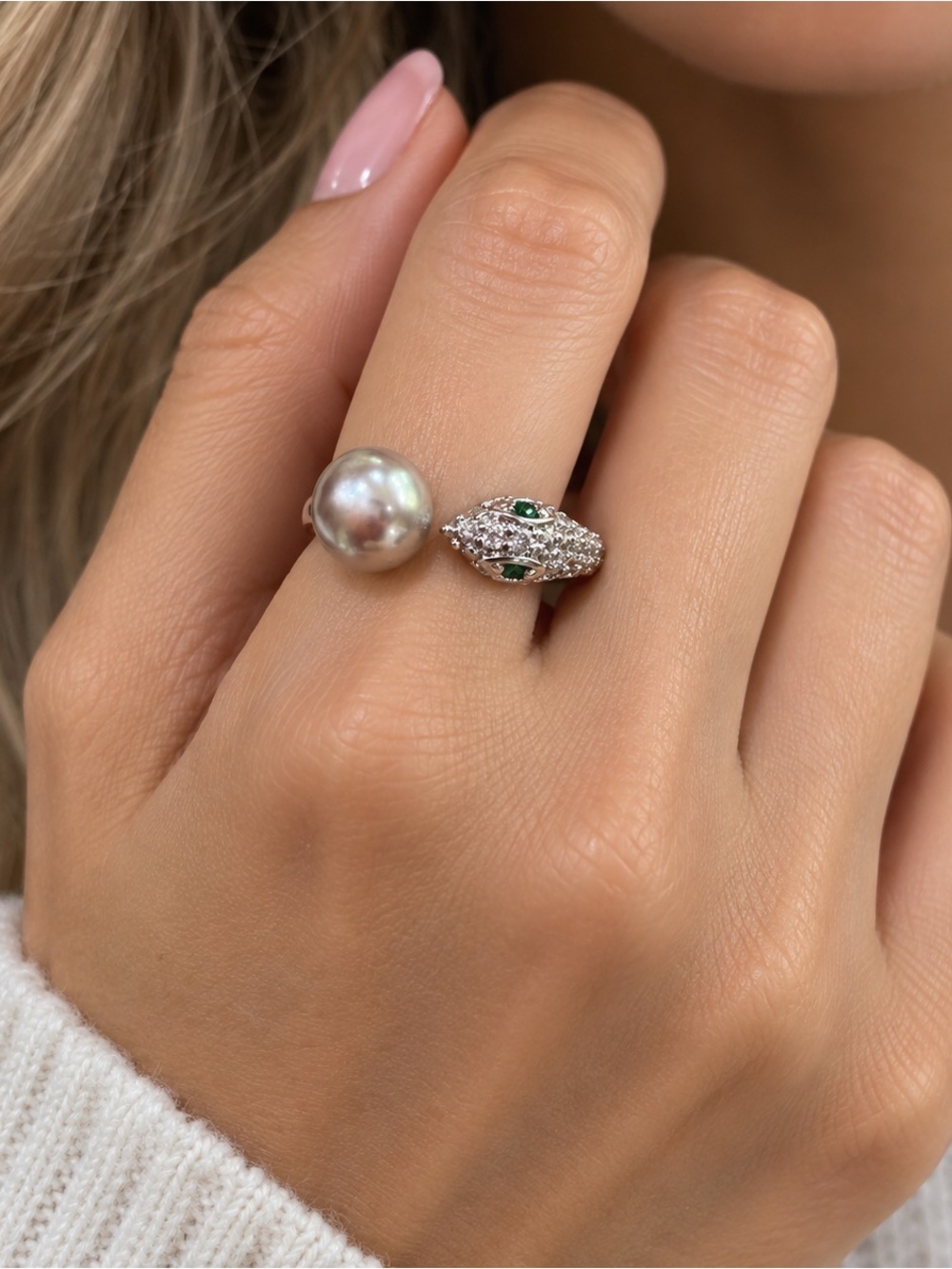 Freshwater Pink Pearl and Cubic Zirconia Accent Open Snake Ring 18k Gold Plated